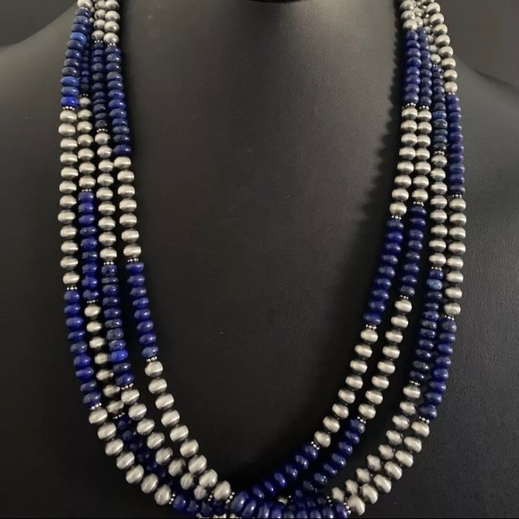 S.S.MultiStrand Lapis W Pearls BeadNecklace